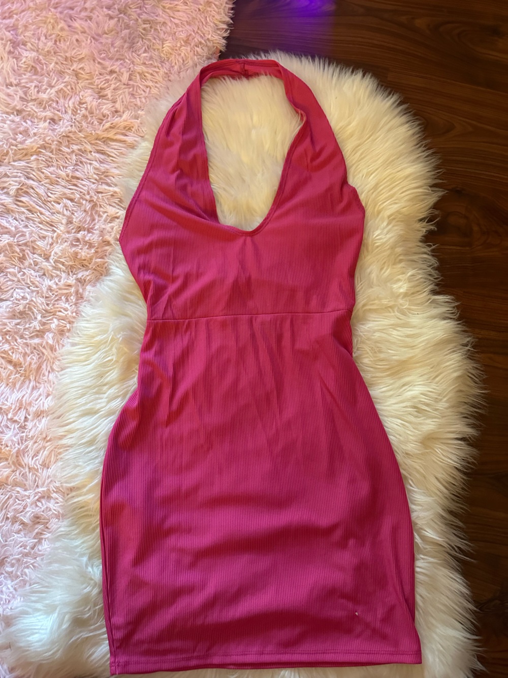 PrettyLittleThing Hot Pink Ribbed Halter Bodycon Dress